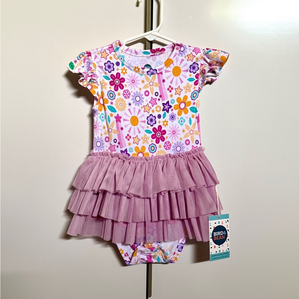 Bird & Bean | NWT Floral Ruffle Kids Dress - Pink and Purple